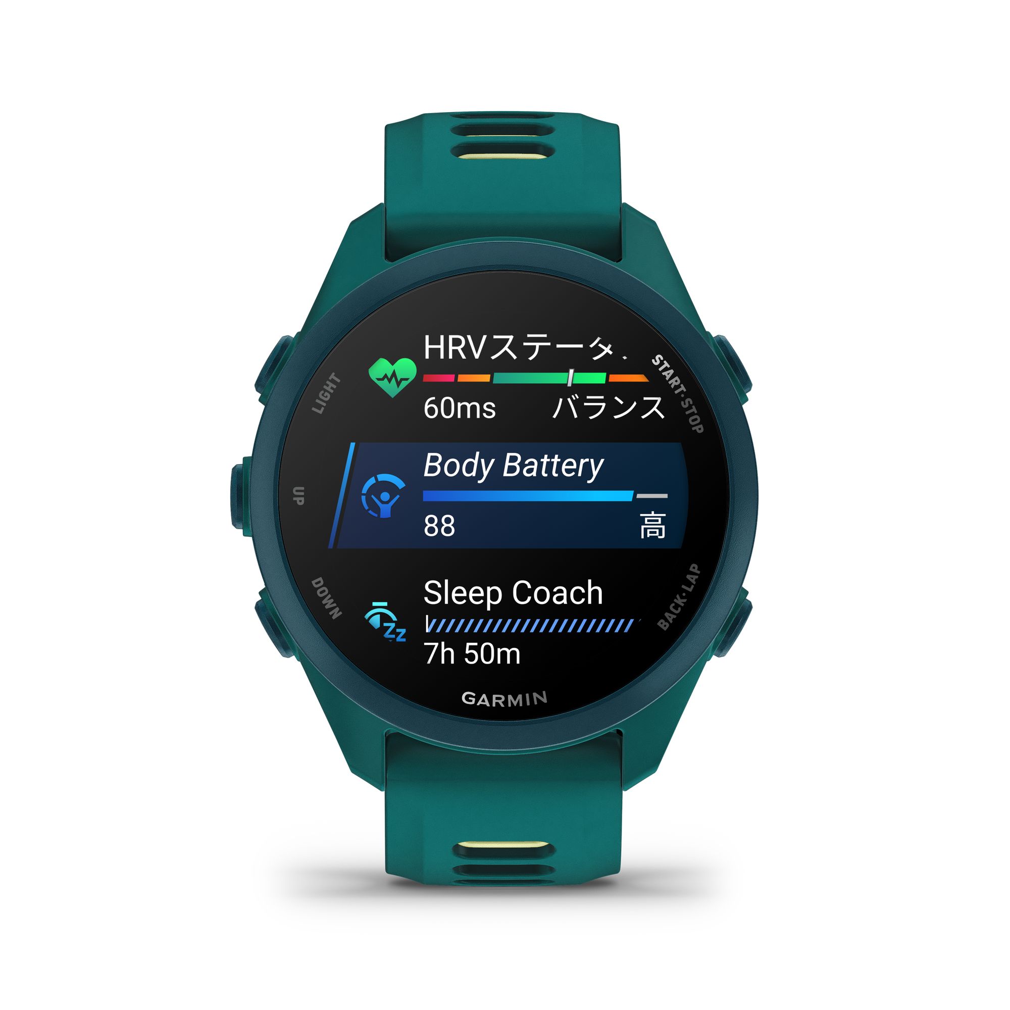 004841_Forerunner170_HR_Teal_Front_Glances_ja-JP